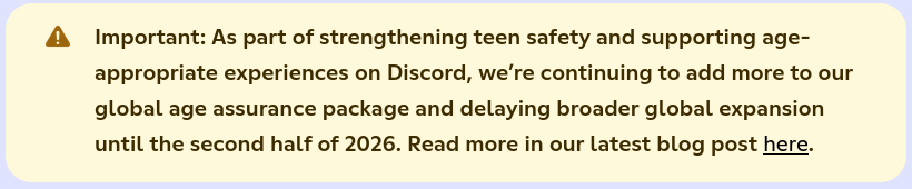 A screenshot of Discord's age verification faq page informing of the rollout delay.